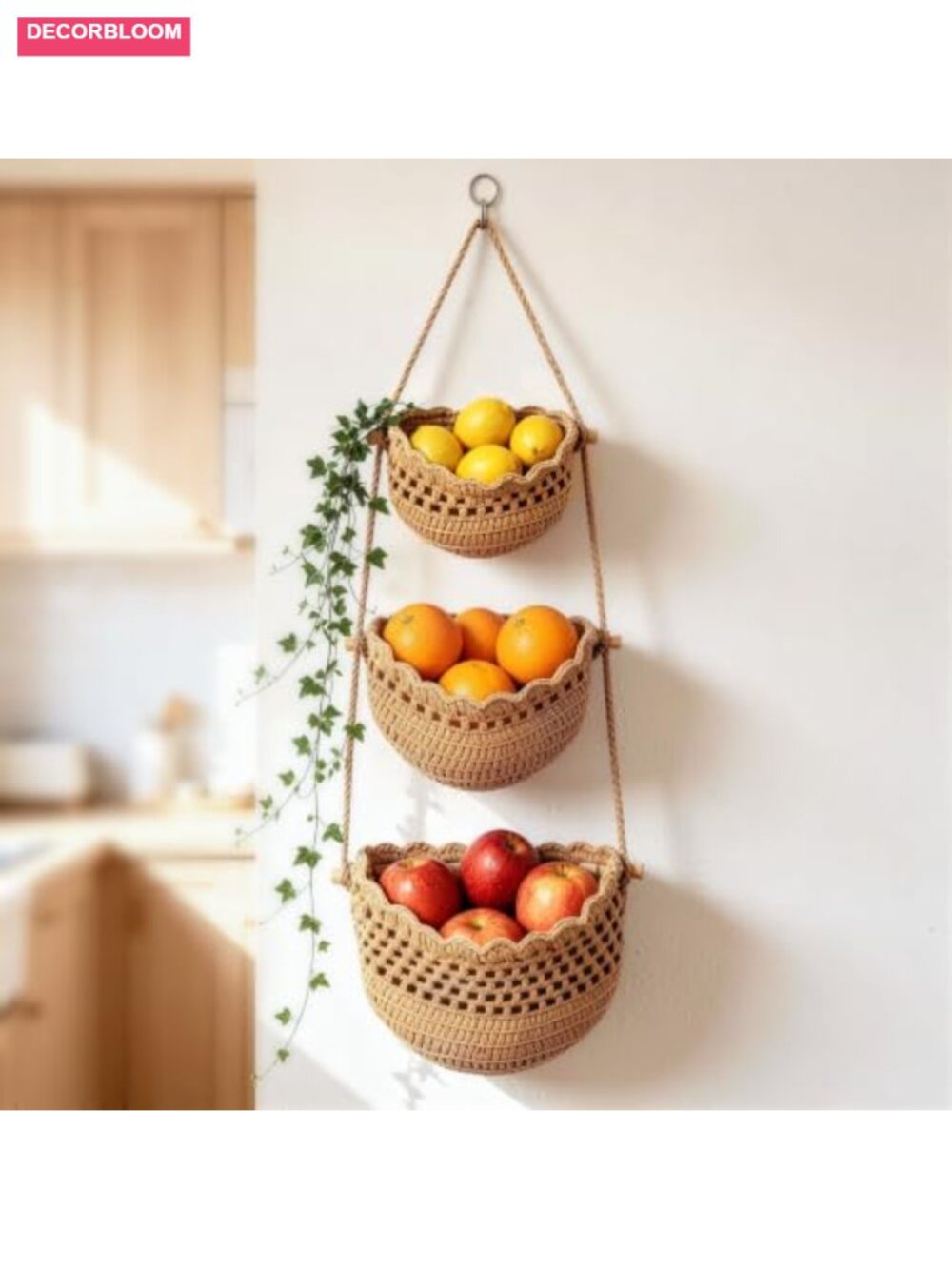 3 Tier Hanging Cotton Rope Fruit Basket Boho Wall Mounted Organizer